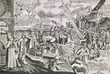 Martin Luther (1483-1546) schrijft op de kerkdeur in Wittenberg in 1517